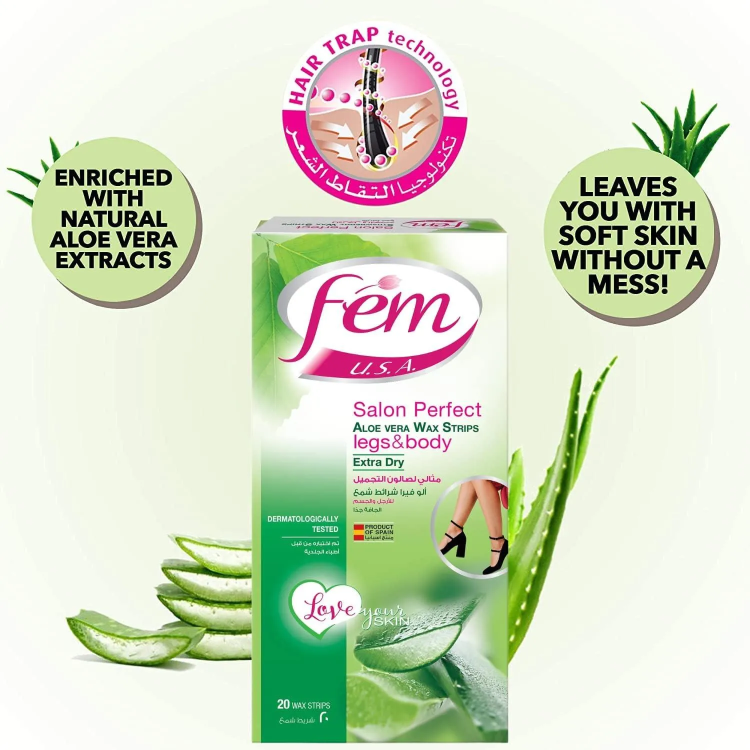 Fem Wax Strips for Legs and Body - Aloe Vera, 20 Strips
