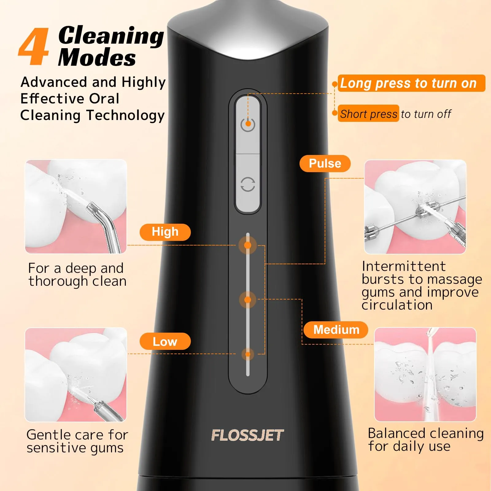FLOSSJET Water Dental Flosser Cordless Oral Irrigator with 300ml 5 Tips 4 Modes USBCharger Portable Travle Irrigation Cleaner IPX7 Electric Irrigador Dental for Teeth Cleaning (Black)