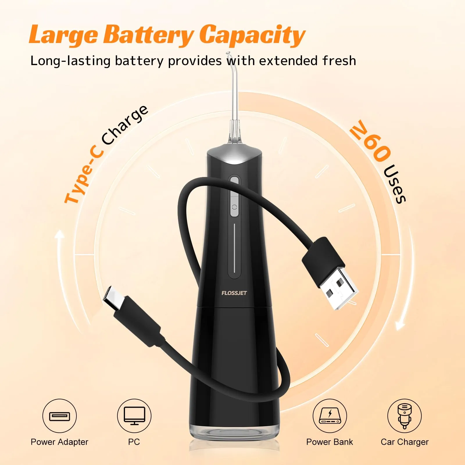 FLOSSJET Water Dental Flosser Cordless Oral Irrigator with 300ml 5 Tips 4 Modes USBCharger Portable Travle Irrigation Cleaner IPX7 Electric Irrigador Dental for Teeth Cleaning (Black)