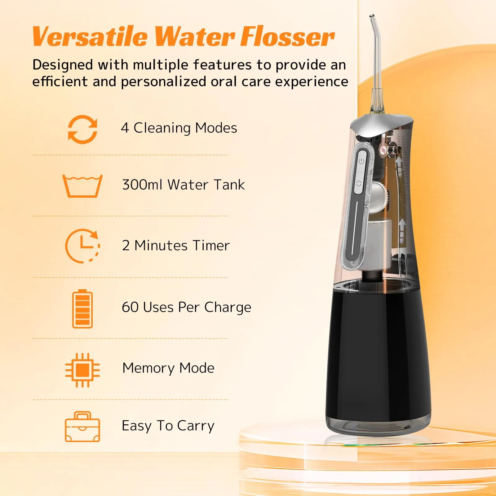 FLOSSJET Water Dental Flosser Cordless Oral Irrigator with 300ml 5 Tips 4 Modes USBCharger Portable Travle Irrigation Cleaner IPX7 Electric Irrigador Dental for Teeth Cleaning (Black)