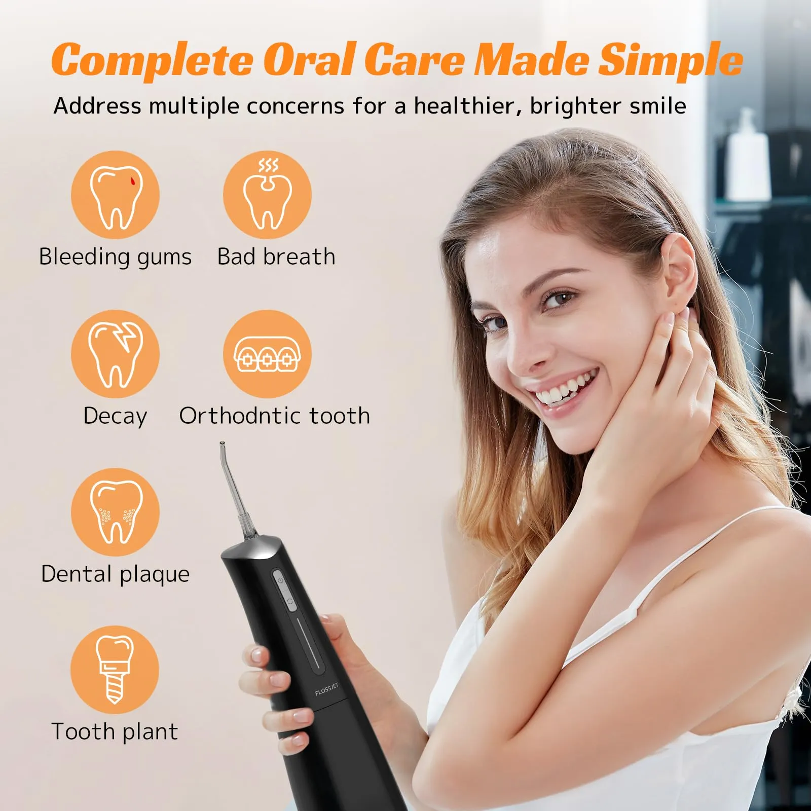 FLOSSJET Water Dental Flosser Cordless Oral Irrigator with 300ml 5 Tips 4 Modes USBCharger Portable Travle Irrigation Cleaner IPX7 Electric Irrigador Dental for Teeth Cleaning (Black)