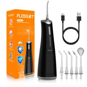 FLOSSJET Water Dental Flosser Cordless Oral Irrigator with 300ml 5 Tips 4 Modes USBCharger Portable Travle Irrigation Cleaner IPX7 Electric Irrigador Dental for Teeth Cleaning (Black)