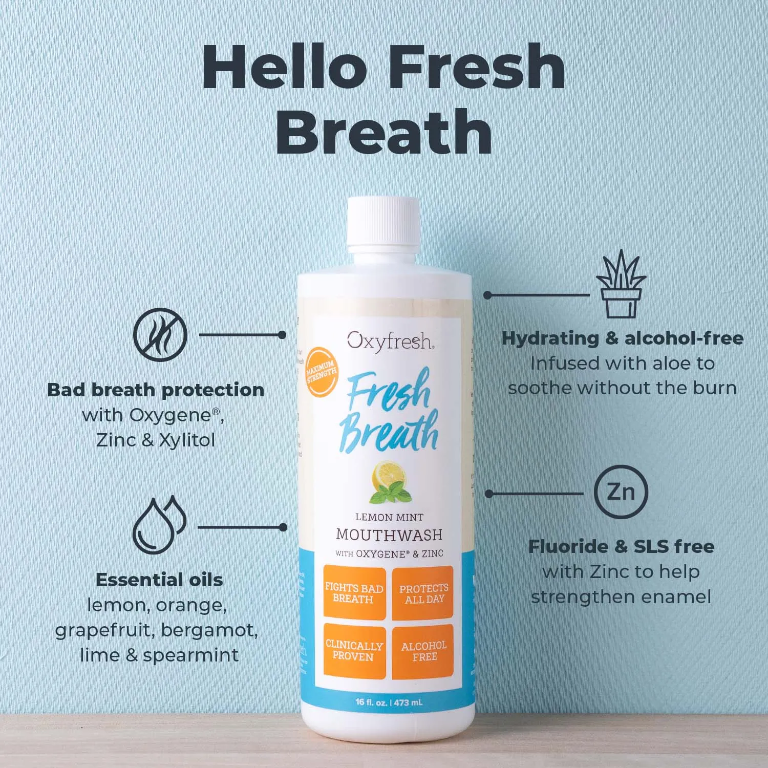 Fresh Breath Lemon Mint Mouthwash | 24 Hr Protection | Fluoride Free