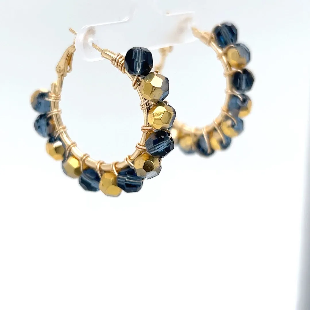 Gold & Blue Beaded Gold Hoop Earrings Small