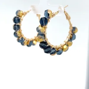Gold & Blue Beaded Gold Hoop Earrings Small