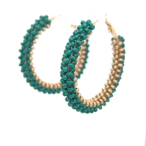 Gold & Green Beaded Gold Hoop Earrings Large