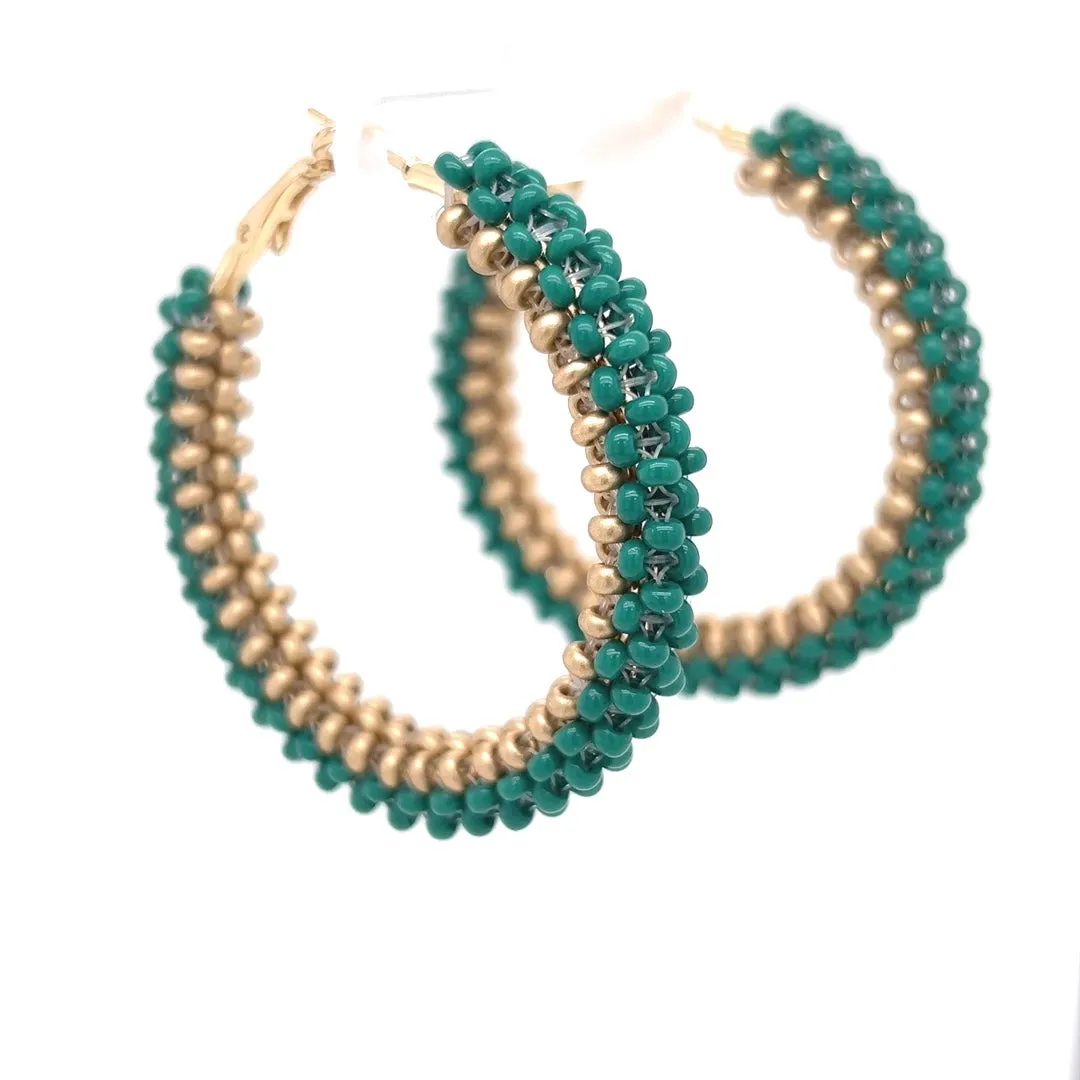 Gold & Green Beaded Gold Hoop Earrings Large