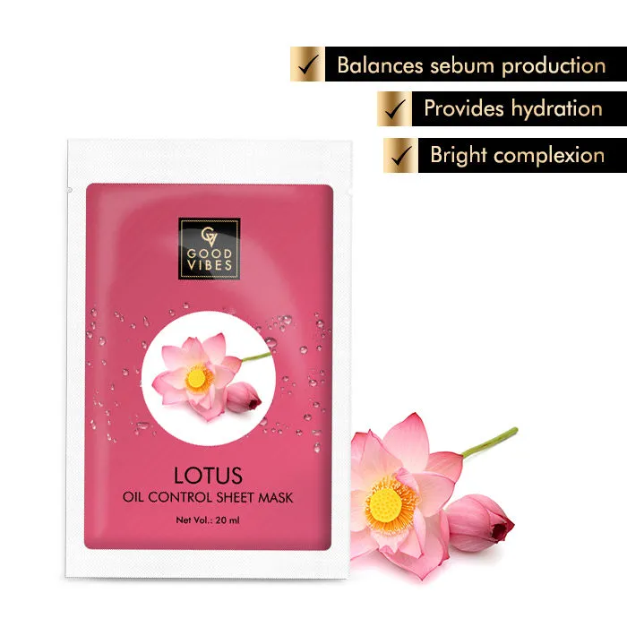 Good Vibes Lotus Oil Control Sheet Mask | Hydrating, Moisturizing, Oil Control, Soothing | No Animal Testing (20 ml)