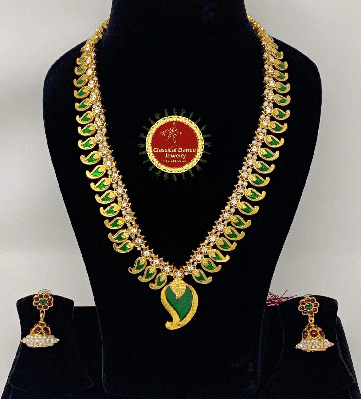 Green Meena Mango Pendant Indian Jewelry | Long necklace | Bharatnatyam, Kuchipudi Engagement Weddings Birthdays | Classical Dance Jewelry