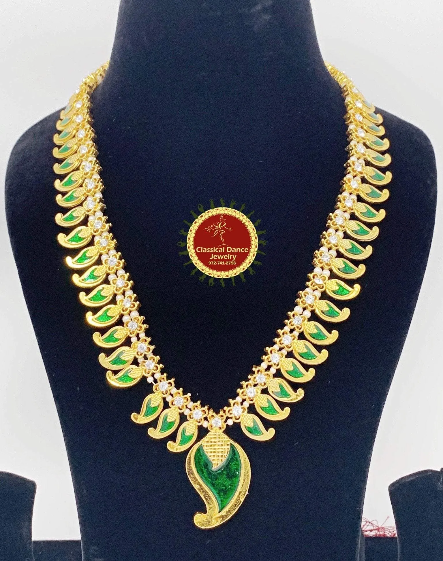 Green Meena Mango Pendant Indian Jewelry | Long necklace | Bharatnatyam, Kuchipudi Engagement Weddings Birthdays | Classical Dance Jewelry