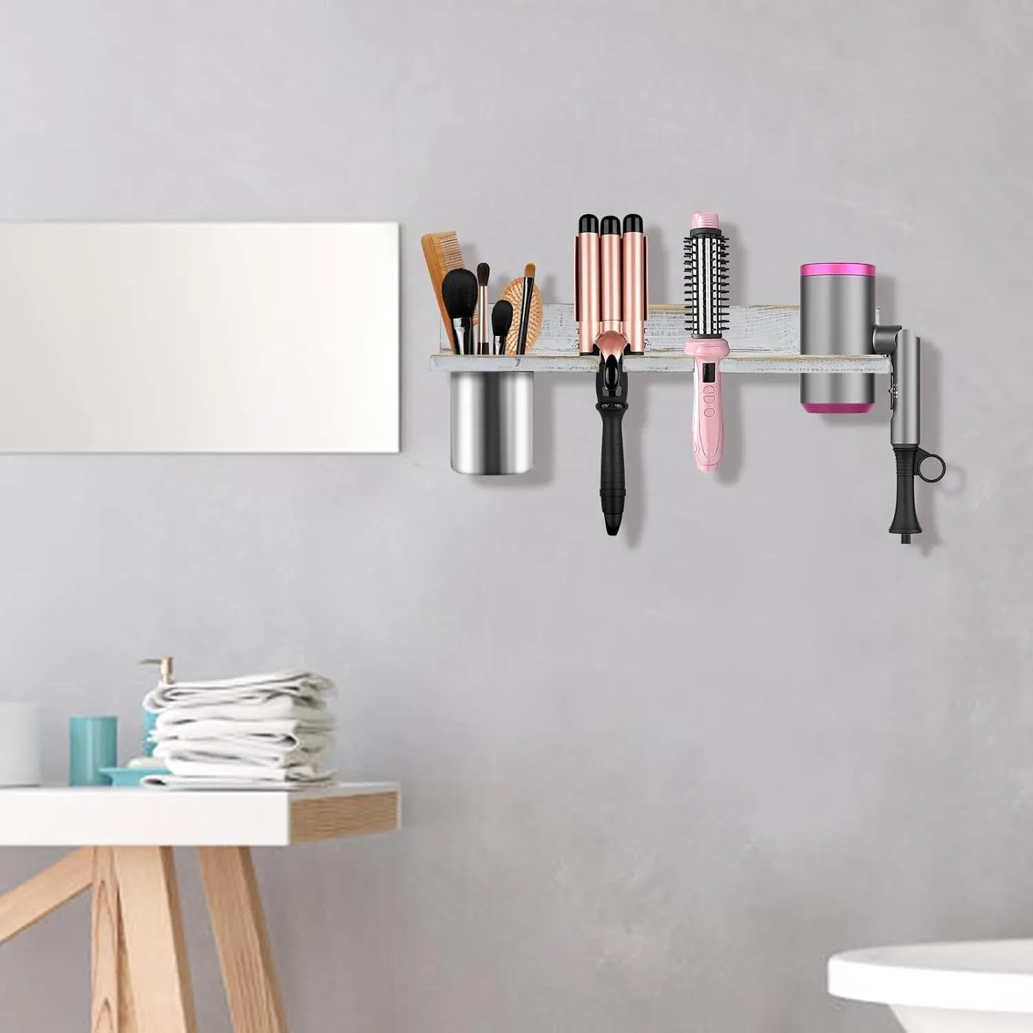 Hair Tool Organizer Wall Mounted, Sturdy Pine Wood Construction, Removable Stainless Steel Cup, Holds Hair Dryers, Straighteners, Curling Irons, Brushes, and More, White