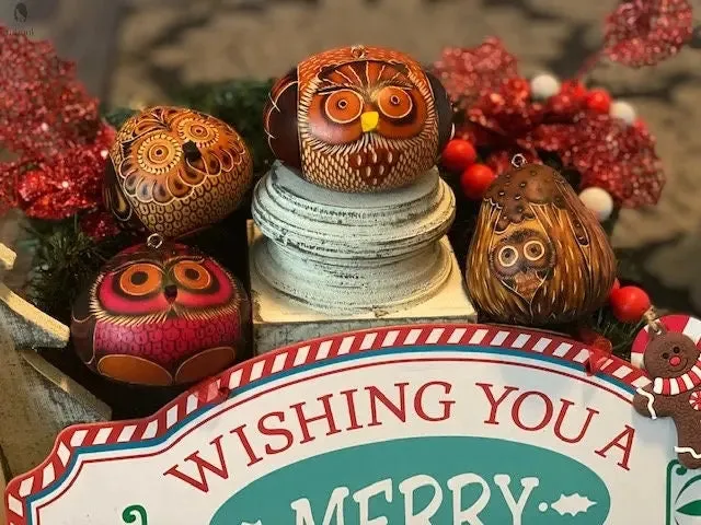 Hand Carved Gourd Mini Owl Ornament