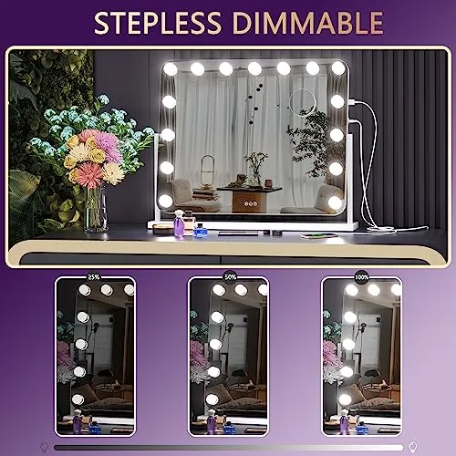 Hasipu Vanity Mirror with Lights, 22" x 18" Hollywood Lighted Makeup Mirror with 15 Dimmable Bulbs, 10X Magnification and USB Charging Port, Smart Touch 3 Colors Dimmable, 360° Rotation (Round)
