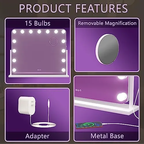 Hasipu Vanity Mirror with Lights, 22" x 18" Hollywood Lighted Makeup Mirror with 15 Dimmable Bulbs, 10X Magnification and USB Charging Port, Smart Touch 3 Colors Dimmable, 360° Rotation (Round)