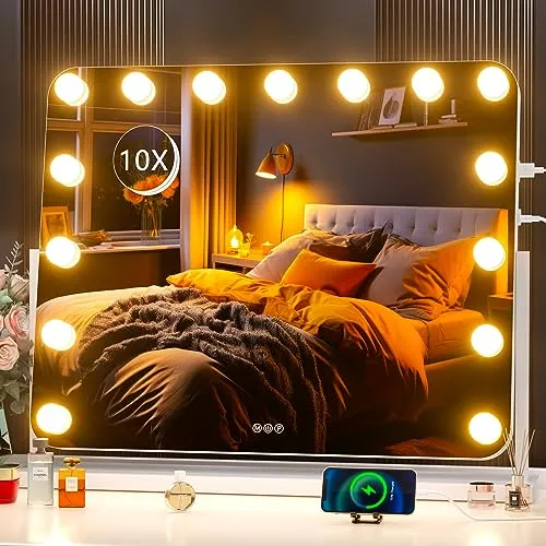 Hasipu Vanity Mirror with Lights, 22" x 18" Hollywood Lighted Makeup Mirror with 15 Dimmable Bulbs, 10X Magnification and USB Charging Port, Smart Touch 3 Colors Dimmable, 360° Rotation (Round)