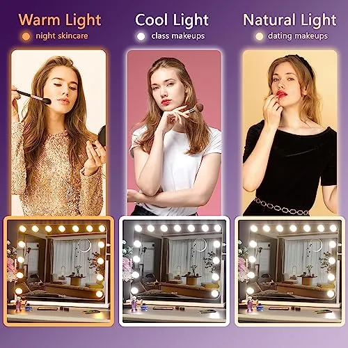 Hasipu Vanity Mirror with Lights, 22" x 18" Hollywood Lighted Makeup Mirror with 15 Dimmable Bulbs, 10X Magnification and USB Charging Port, Smart Touch 3 Colors Dimmable, 360° Rotation (Round)