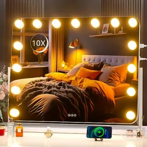 Hasipu Vanity Mirror with Lights, 22" x 18" Hollywood Lighted Makeup Mirror with 15 Dimmable Bulbs, 10X Magnification and USB Charging Port, Smart Touch 3 Colors Dimmable, 360° Rotation (Round)