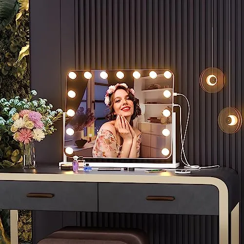 Hasipu Vanity Mirror with Lights, 22" x 18" Hollywood Lighted Makeup Mirror with 15 Dimmable Bulbs, 10X Magnification and USB Charging Port, Smart Touch 3 Colors Dimmable, 360° Rotation (Round)