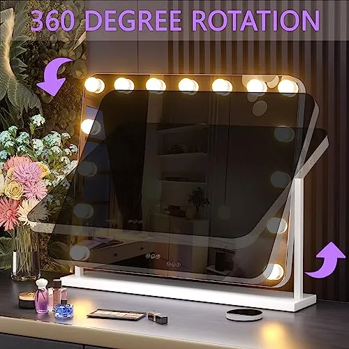 Hasipu Vanity Mirror with Lights, 22" x 18" Hollywood Lighted Makeup Mirror with 15 Dimmable Bulbs, 10X Magnification and USB Charging Port, Smart Touch 3 Colors Dimmable, 360° Rotation (Round)