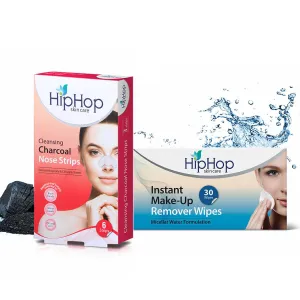 HipHop Blackhead Remover Nose Strips for Women (Activated Charcoal, 6 Strips)   Instant Makeup Remover Wipes (Micellar water, 30 Wipes)
