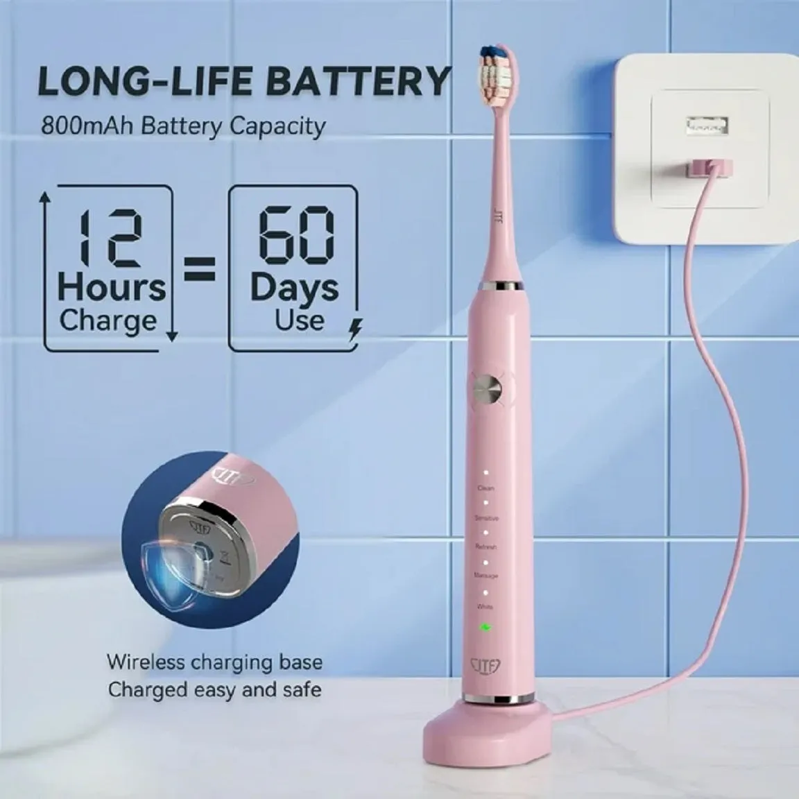 JTF Jtf-P200-Pink Sonic Electric Toothbrush For Adults With 5 Modes & 6 Brush Heads - Pink