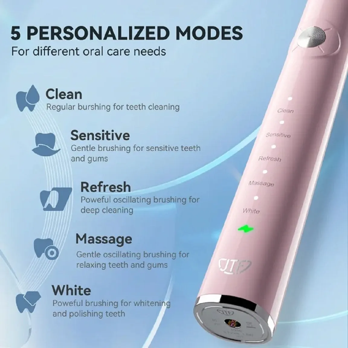 JTF Jtf-P200-Pink Sonic Electric Toothbrush For Adults With 5 Modes & 6 Brush Heads - Pink