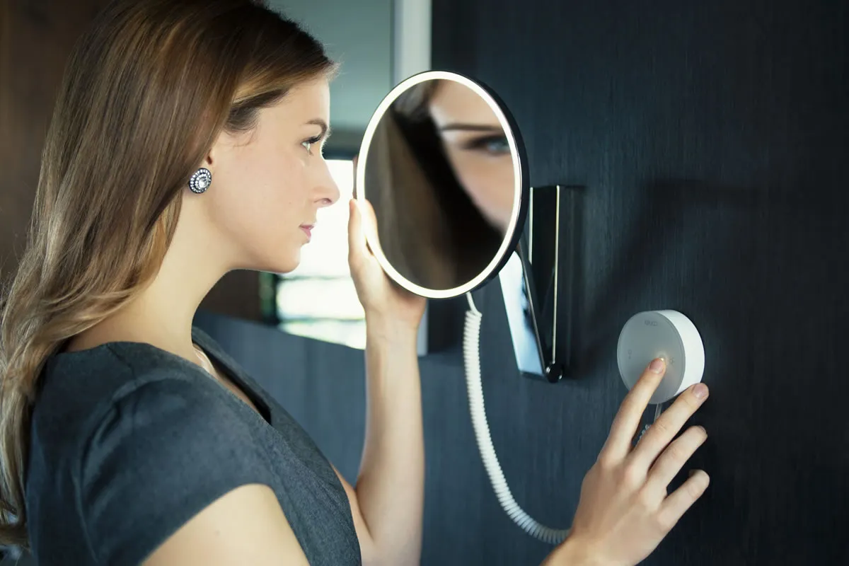 KEUCO 5x Round 2,700k-6,500k LED Coiled Cord Hardwired Makeup Mirror, LED Control Panel