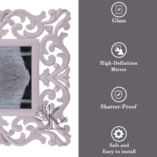 Kwid Creations Sqaure-Shaped Wooden Wall Mirror in Hanging White Antique for The Bathroom, Bedroom, or Living Room