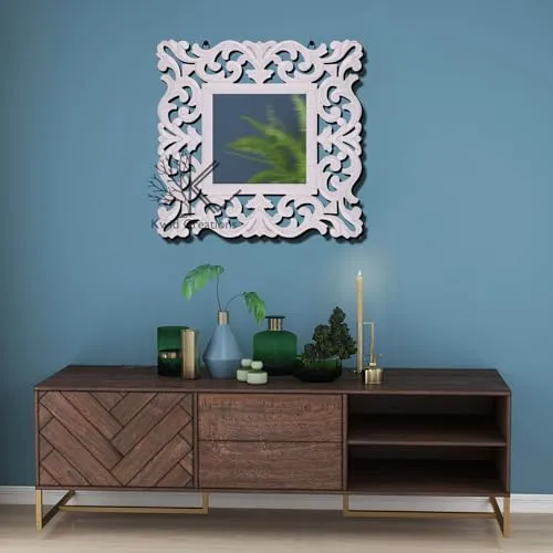 Kwid Creations Sqaure-Shaped Wooden Wall Mirror in Hanging White Antique for The Bathroom, Bedroom, or Living Room