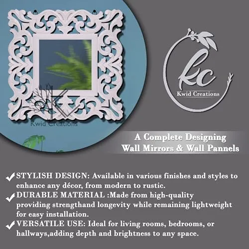 Kwid Creations Sqaure-Shaped Wooden Wall Mirror in Hanging White Antique for The Bathroom, Bedroom, or Living Room