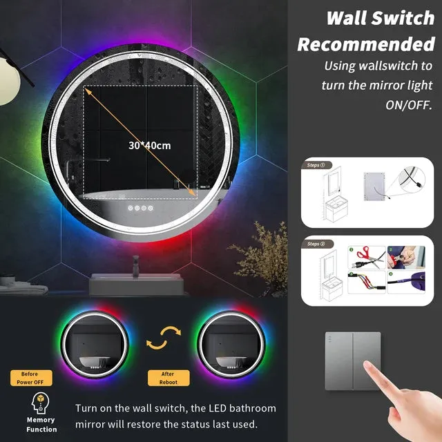 Large Round Lighted Bathroom Mirror with RGB LED, Anti-Fog & Dimmable Backlit