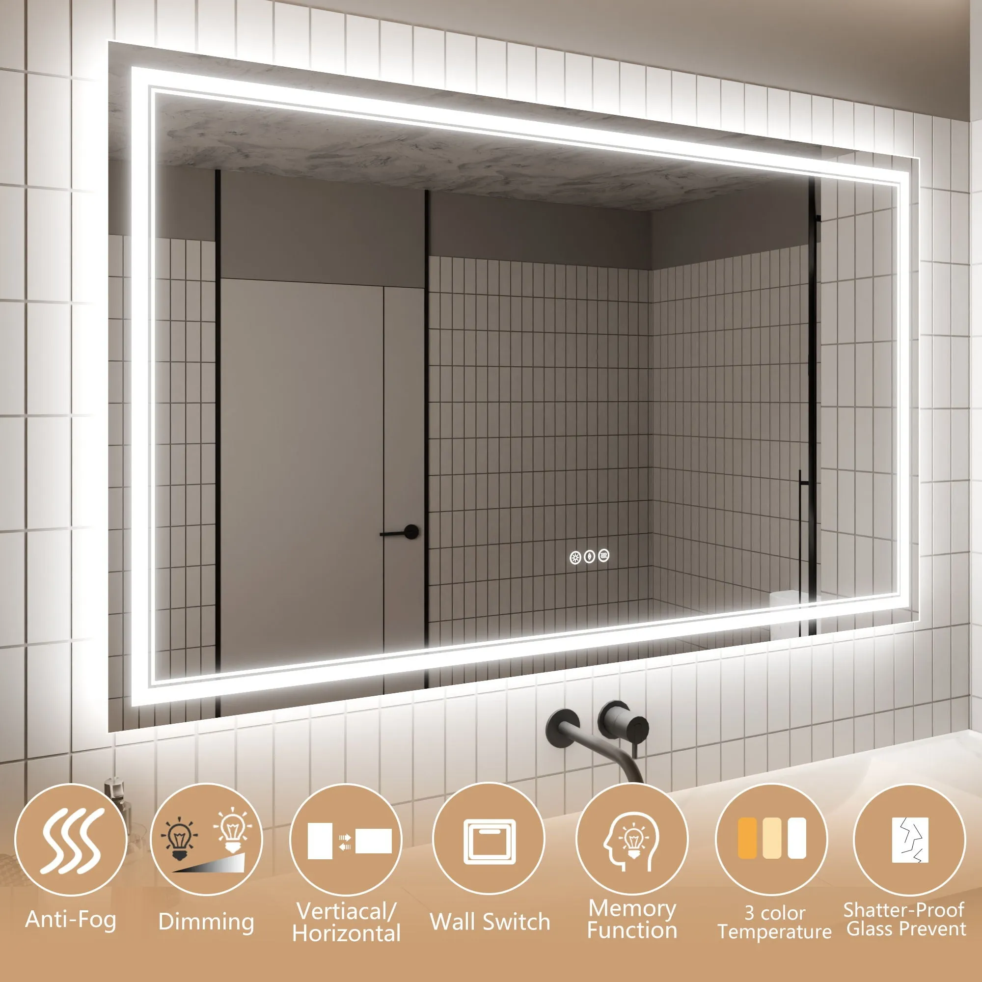 Led Bathroom Mirror, 36X60" Bathroom Vanity Mirrors With Lights, Mirrors For Wall With Smart Touch Button, Anti - Fog, Memory Function, Stepless Dimmable Makeup Mirror (Horizontal / Vertical)