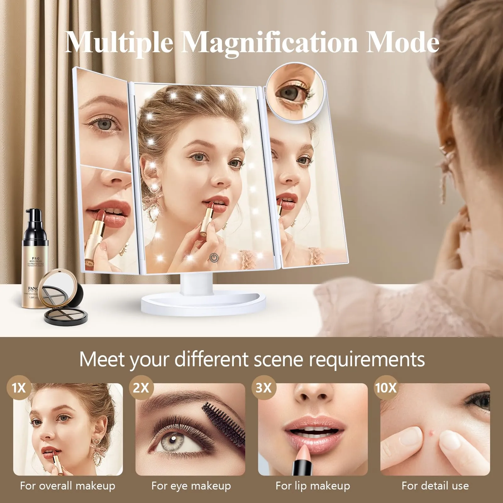 Lighted Trifold Makeup Mirror with Magnification