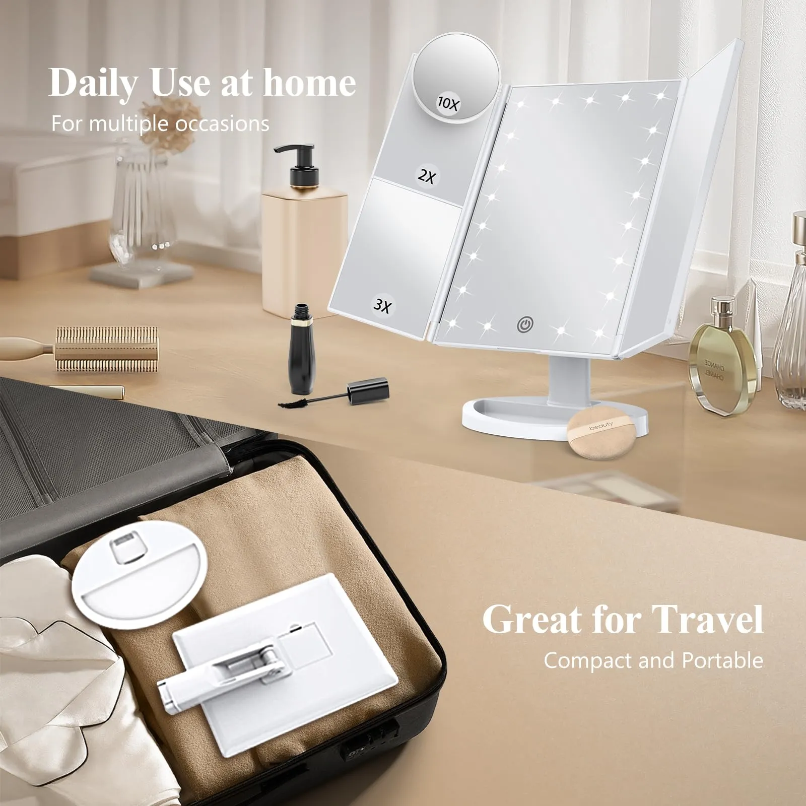 Lighted Trifold Makeup Mirror with Magnification