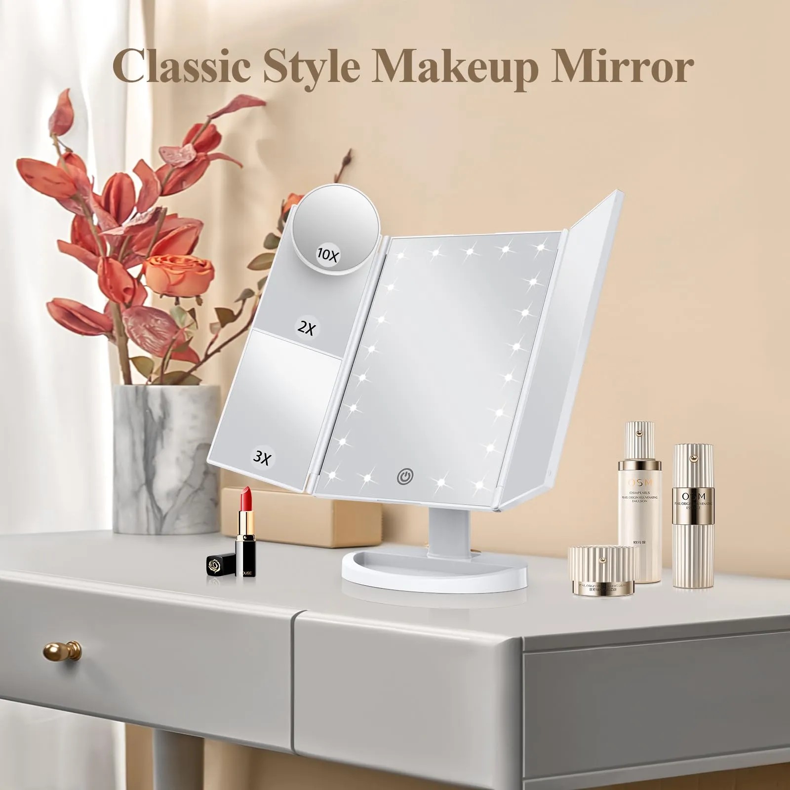 Lighted Trifold Makeup Mirror with Magnification