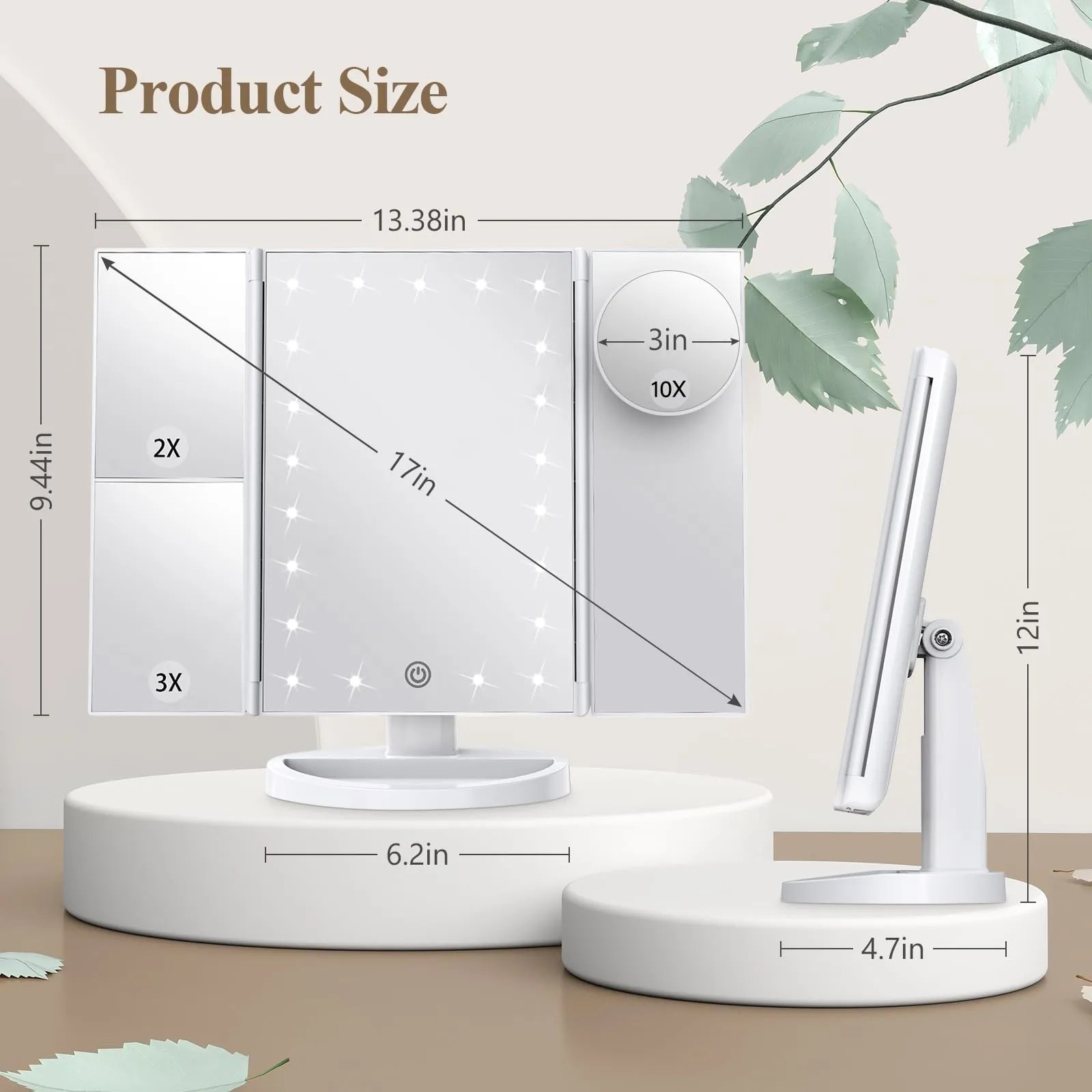 Lighted Trifold Makeup Mirror with Magnification