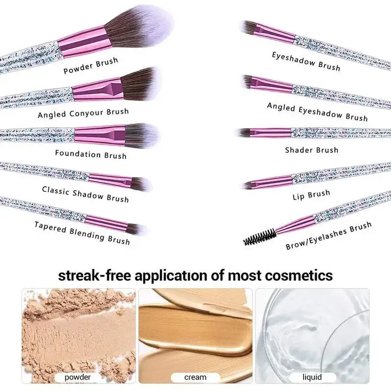 Makeup Brush Set 10 Piece Set Fashion Glitter Handle Makeup Brush Professional Face Powder Foundation Blending Blush Eyeshadow Eyeliner