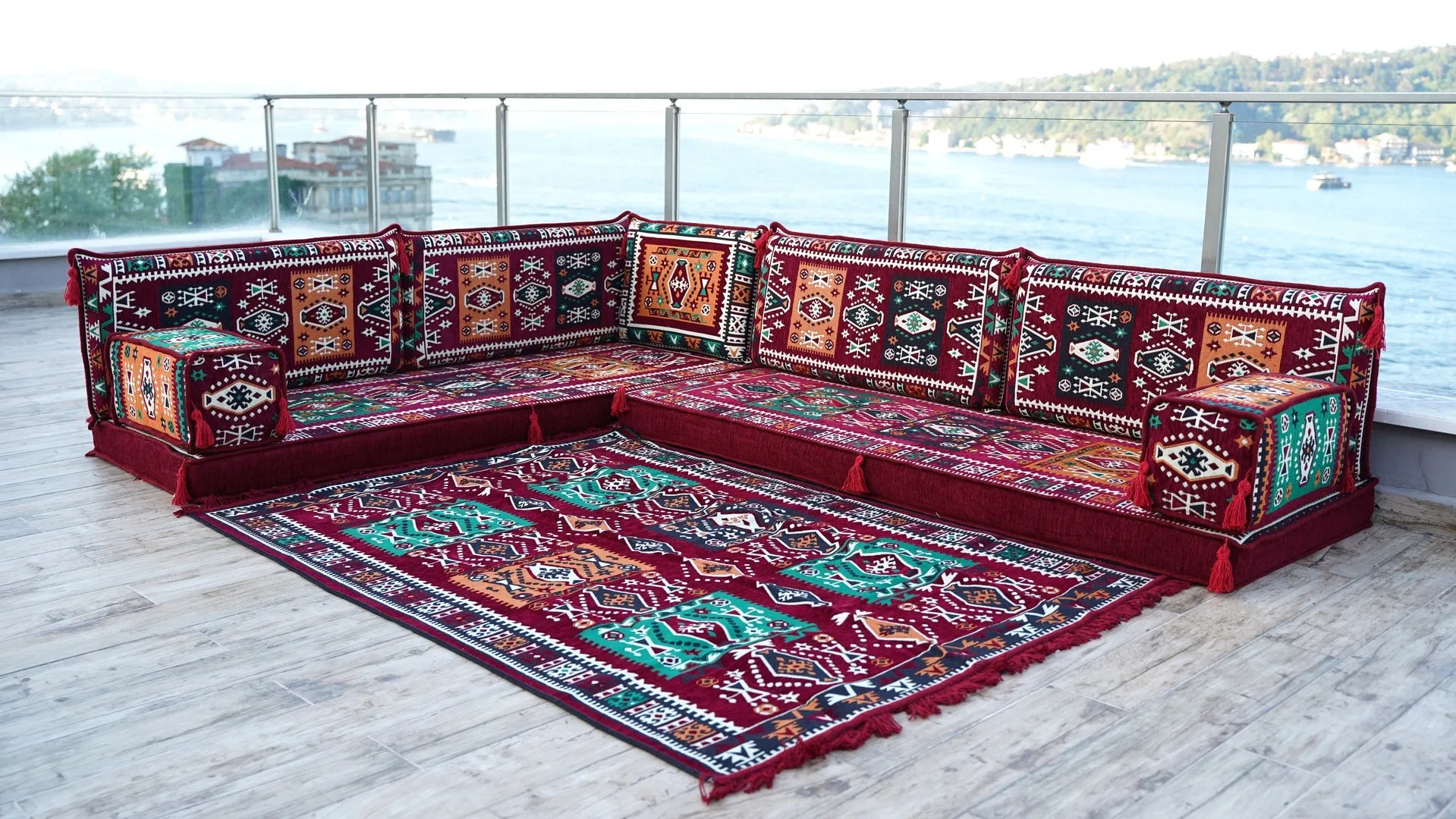 Maroon L Shaped Floor Couch, Sectional Sofa Set, Floor Pillow, Arabic Majlis, Moroccan Livingroom Cushion