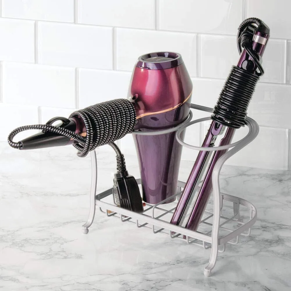 mDesign Metal Bathroom Vanity Countertop Hair Care & Styling Tool Storage Organizer Holder for Hair Dryer, Flat Irons, Curling Wands, Hair Straighteners - 2 Sections, Heat Safe - Light Gray
