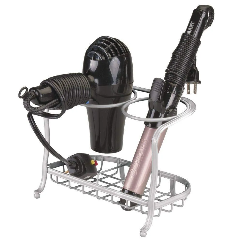 mDesign Metal Bathroom Vanity Countertop Hair Care & Styling Tool Storage Organizer Holder for Hair Dryer, Flat Irons, Curling Wands, Hair Straighteners - 2 Sections, Heat Safe - Light Gray