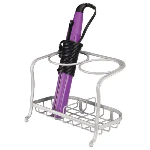 mDesign Metal Bathroom Vanity Countertop Hair Care & Styling Tool Storage Organizer Holder for Hair Dryer, Flat Irons, Curling Wands, Hair Straighteners - 2 Sections, Heat Safe - Light Gray