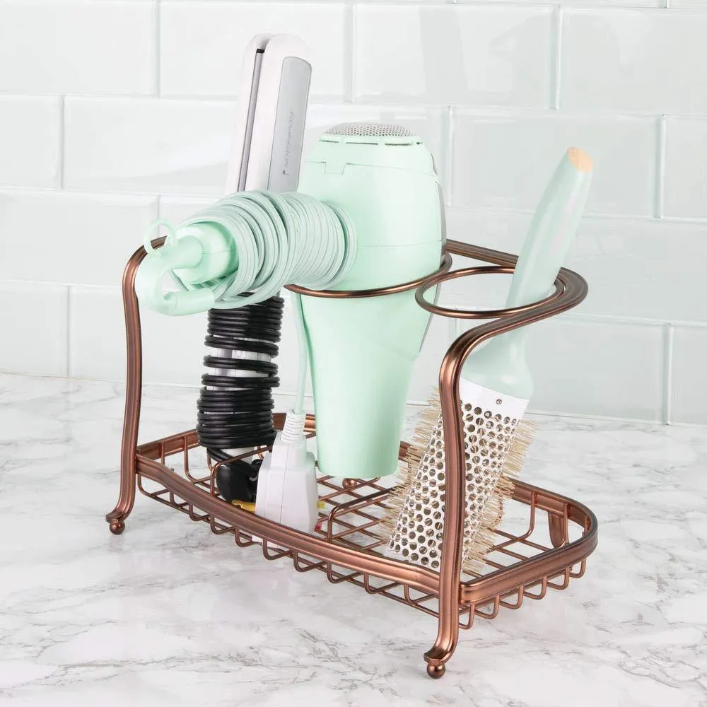mDesign Metal Hair Care & Styling Tool Organizer Holder - 3 Sections - Bathroom Vanity Countertop Storage for Hair Dryer, Flat Irons, Curling Wands, Hair Straighteners - Venetian Bronze