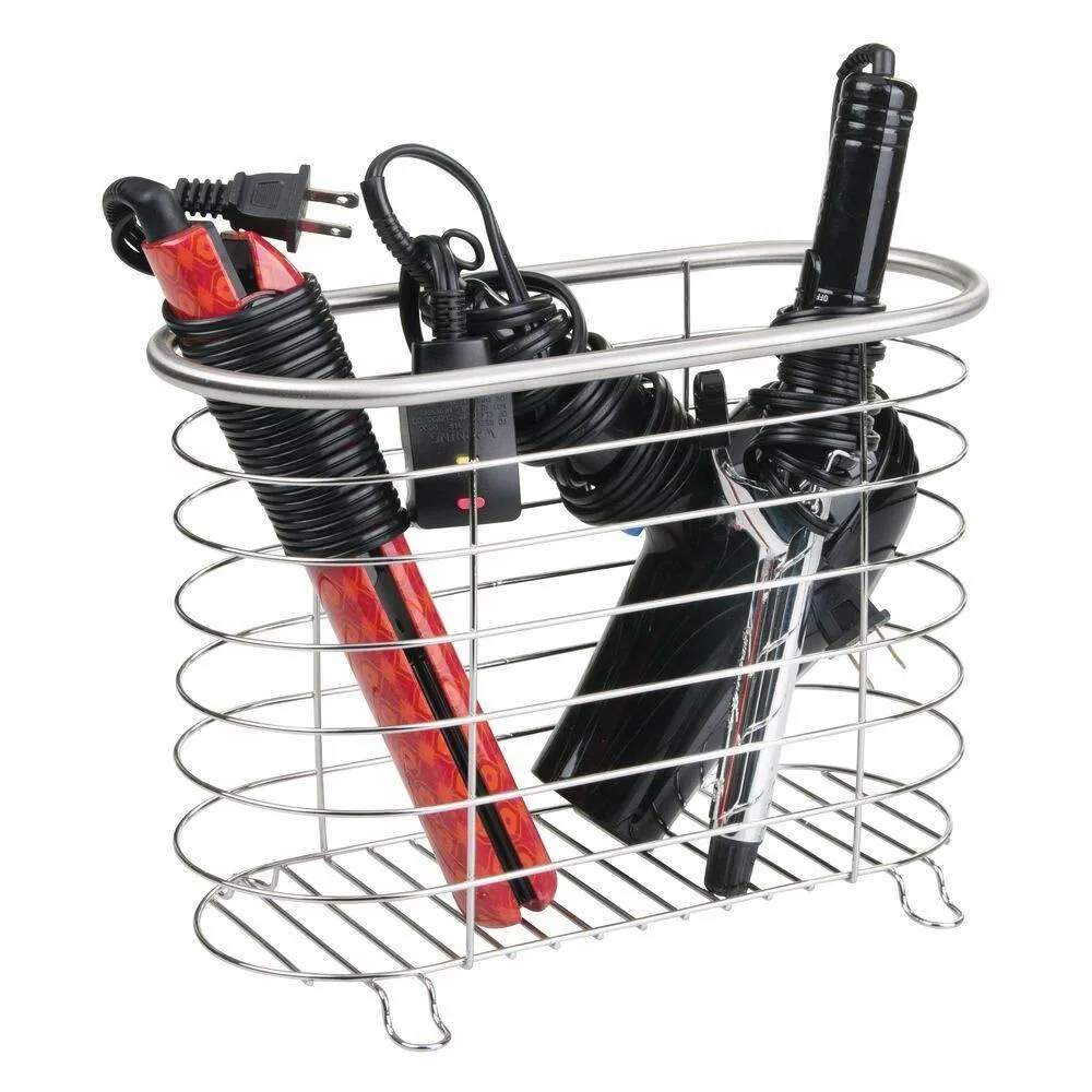mDesign Metal Wire Hair Care & Styling Tool Organizer Holder Basket - Bathroom Vanity Countertop Storage for Hair Dryer, Flat Irons, Curling Wands, Hair Straighteners - Brushed