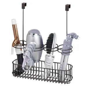 mDesign Over Door Bathroom Hair Care & Styling Tool Organizer Storage Basket for Hair Dryer, Flat Iron, Curling Wand, Hair Straighteners, Brushes - Hang Inside or Outside Cabinet Doors - Bronze