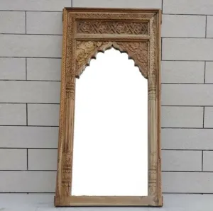 Mehrab Indian Hand Carved Mirror Arched Globe Wooden Wall Decor 150x75cm Brown