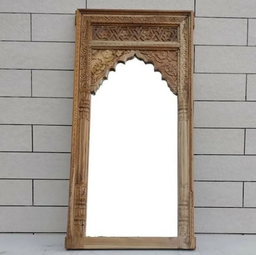 Mehrab Indian Hand Carved Mirror Arched Globe Wooden Wall Decor 150x75cm Brown