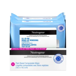 Neutrogena All in One Makeup Remover Cleansing Fragrance-Free Wipes - Alcohol-free, Sensitive Skin, Compostable, Duo pack, 50 wipes