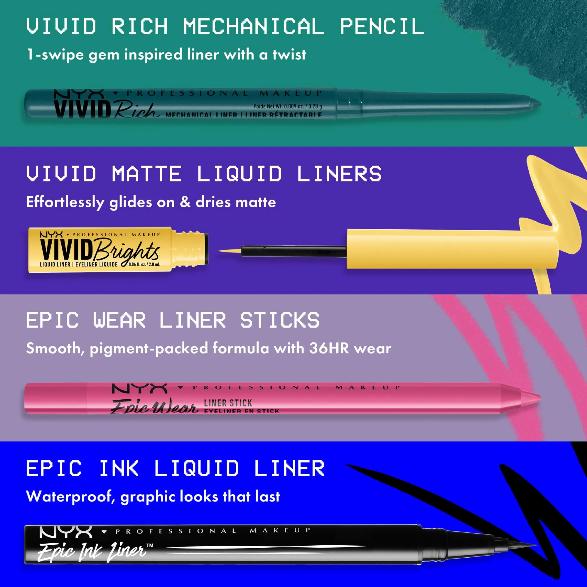 NYX PROFESSIONAL MAKEUP, Vivid Rich Mechanical Pencil, Eyeliner, Rich shades, Vegan Formula - Always Onyx (Black)