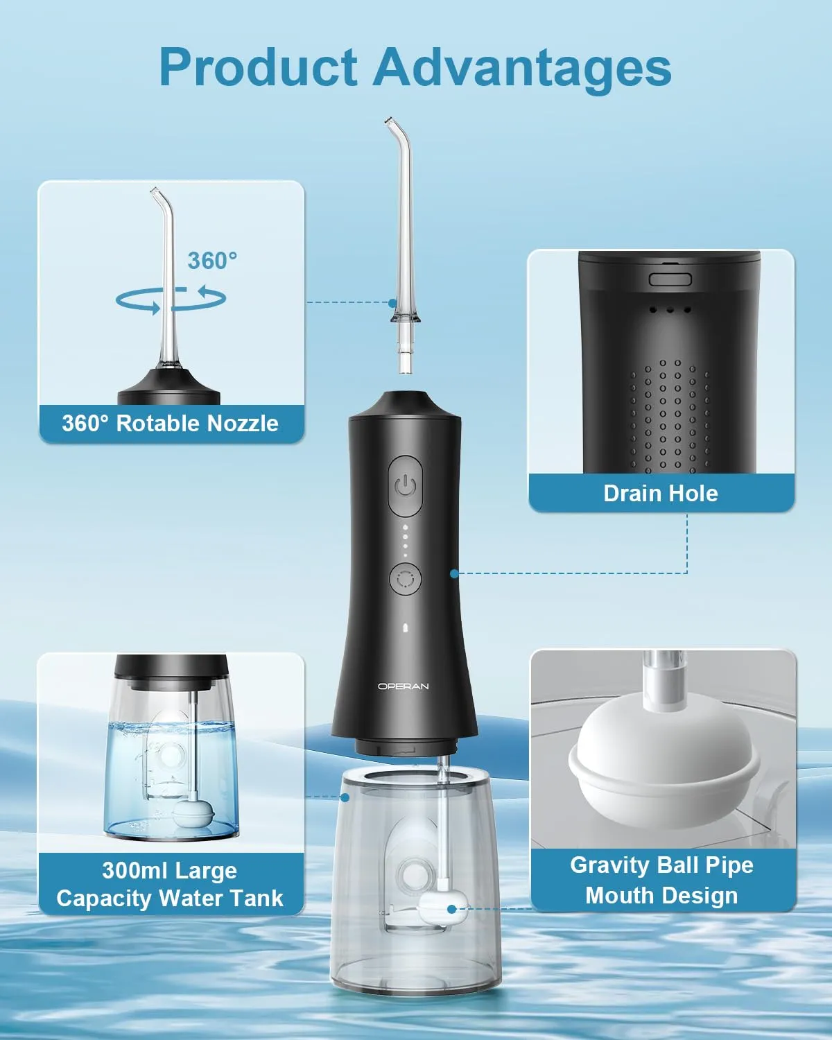 Operan Water Dental Flossers for Teeth Cleaning Upgraded 300ml Cordless Water Pick Portable Rechargeable Oral Irrigator with 4 Modes 4 Jet Tips IPX7 Waterproof Dental Floss for Home Travel (Black)