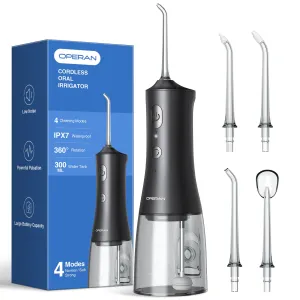 Operan Water Dental Flossers for Teeth Cleaning Upgraded 300ml Cordless Water Pick Portable Rechargeable Oral Irrigator with 4 Modes 4 Jet Tips IPX7 Waterproof Dental Floss for Home Travel (Black)